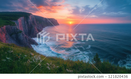 Sunrise illuminating rugged cliffs and atlantic ocean on cape breton island, nova scotia, canada 121820436