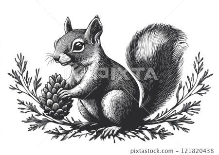 Squirrel holding pine cone in detailed black and white illustration 121820438