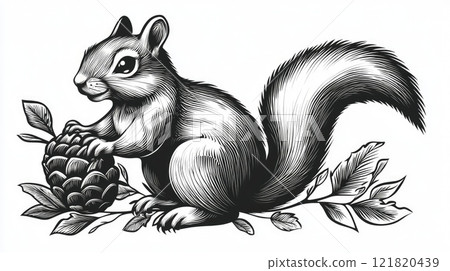 Squirrel holding pine cone in detailed vintage style engraving 121820439
