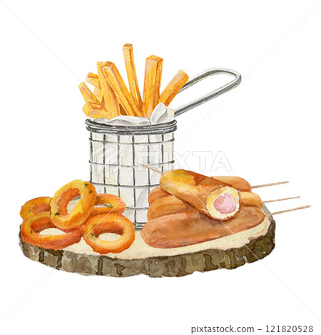 Watercolor composition with a plate of French fries, onion rings and hot dogs on a wooden tray. Watercolor composition with a plate of French fries, onion rings and hot dogs on a wooden tray. 121820528