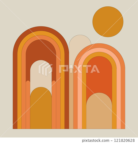 A geometric composition with arches in orange and golden shades, complemented by a round accent. A geometric composition with arches in orange and golden shades, complemented by a round accent. 121820628