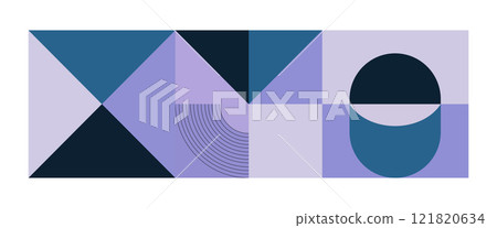 Abstract composition consisting of circles and semicircles in purple and blue shades. The design is built on symmetry and contrasts, creating a modern visual style. 121820634