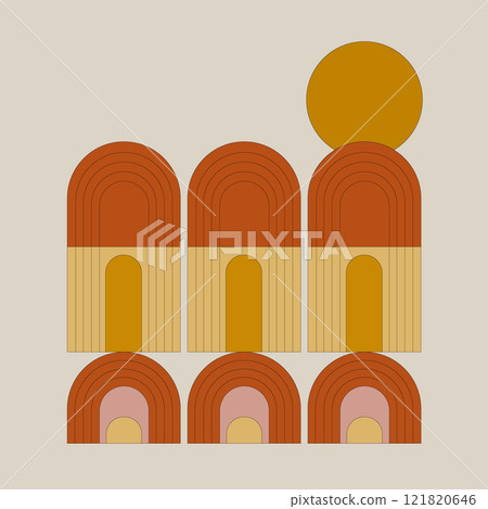 This illustration combines abstract arches in warm colors of orange and beige. The circle, symbolizing the sun, adds integrity to the composition, creating an atmosphere of peace and balance. This illustration combines abstract arches in warm colors of orange and beige. The circle, symbolizing the sun, adds integrity to the composition, creating an atmosphere of peace and balance. 121820646