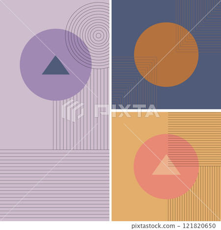 Geometric colored shapes in warm and pastel tones with accents on circles and triangles. Modern and stylish pattern. 121820650