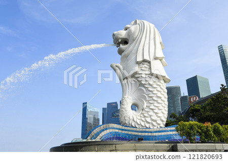 Low-angle view of the Merlion buildings in Singapore. Merlion is the official mascot of Singapore. Low-angle view of the Merlion buildings in Singapore. Merlion is the official mascot of Singapore. 121820693