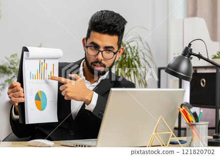 Indian office businessman freelancer making online presentation video laptop call education lessons Indian office businessman freelancer making online presentation video laptop call education lessons 121820702