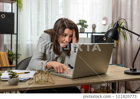 Business woman programmer software developer loses, system error virus bad news data loss at office Business woman programmer software developer loses, system error virus bad news data loss at office 121820773
