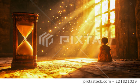 Hourglass and child in golden sunlight through dusty window 121821029
