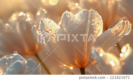 Sunlit tulip with dewdrops glistening in golden morning light, capturing delicate beauty and freshness  121821071