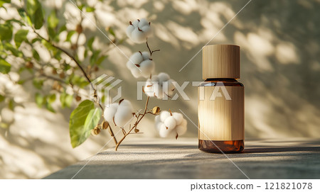Elegant perfume bottle with cotton branch in natural sunlight 121821078