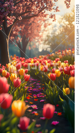 Sunlit tulip path under blooming cherry trees in a serene spring garden Sunlit tulip path under blooming cherry trees in a serene spring garden 121821098