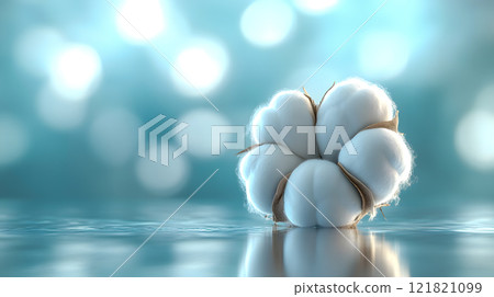 Single cotton boll reflected on calm water with soft blue bokeh background 121821099