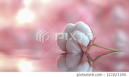 Single cotton boll with reflection on soft pink background, delicate and serene atmosphere 121821100
