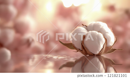Cotton boll with reflection on soft pink background, warm sunlight and gentle ambiance 121821101