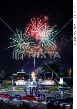 Beautiful fireworks at The Royal Park Rajapruek Chiangmai Thailand. Beautiful fireworks at The Royal Park Rajapruek Chiangmai Thailand. 121821146