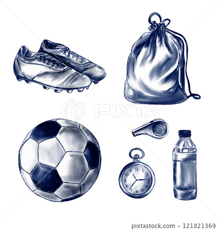 the main attributes of football and soccer. Cleats with spikes, ball for playing, sports bag, water for training, whistle for coach and timer for running. Watercolor illustration in monochrome style. the main attributes of football and soccer. Cleats with spikes, ball for playing, sports bag, water for training, whistle for coach and timer for running. Watercolor illustration in monochrome style. 121821369
