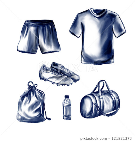 A set of sports football uniforms for the striker and captain of the soccer team. Watercolor illustration in monochrome retro style without background. Training set. Boots with spikes. A set of sports football uniforms for the striker and captain of the soccer team. Watercolor illustration in monochrome retro style without background. Training set. Boots with spikes. 121821373