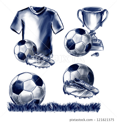 Football and soccer illustrations. Monochrome retro vintage style. Blue color for the game. Champions Cup and soccer ball on the field. Cleats with spikes and player uniform. Football and soccer illustrations. Monochrome retro vintage style. Blue color for the game. Champions Cup and soccer ball on the field. Cleats with spikes and player uniform. 121821375