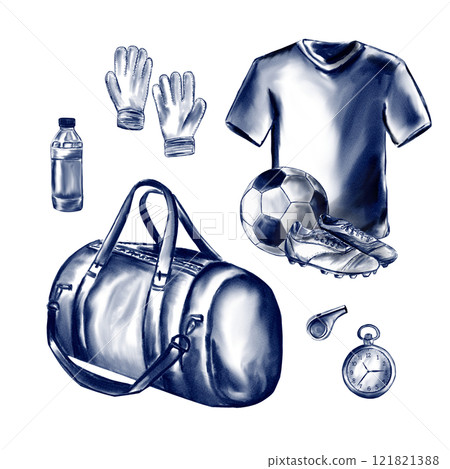 Sports goods for football game. Watercolor illustration in blue monochrome style. No background. Soccer training, basic attributes and accessories. set of illustrations. Sports goods for football game. Watercolor illustration in blue monochrome style. No background. Soccer training, basic attributes and accessories. set of illustrations. 121821388