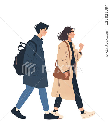 Illustration of a man and a woman walking and chatting 121821394