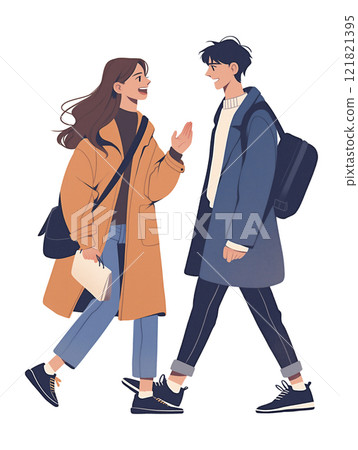 Illustration of a man and a woman walking and chatting 121821395