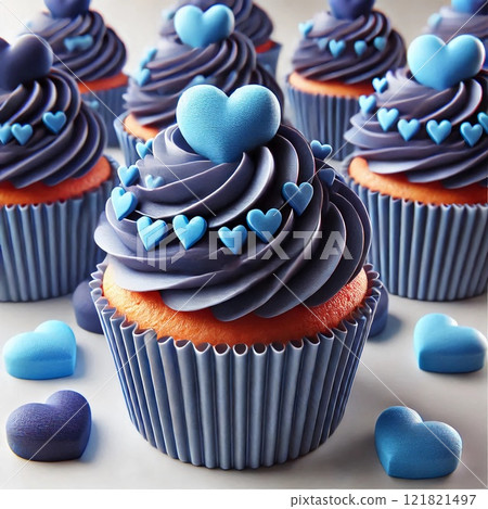 Purple cupcakes with blue heart-shaped decorations, perfect for Valentine's Day celebrations 121821497