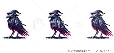 Pixel art of a crow with a witch's hat, giving it a mystical and magical appearance, perfect for fantasy-themed projects Pixel art of a crow with a witch's hat, giving it a mystical and magical appearance, perfect for fantasy-themed projects 121821538