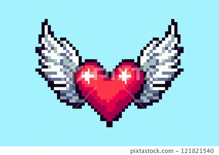 Pixel art heart with wings on a light blue background symbolizing love and freedom in a retro video game style 121821540