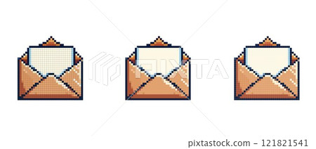 Pixel art of an open envelope with a letter inside in a retro video game style perfect for Valentine's Day or romantic messages 121821541