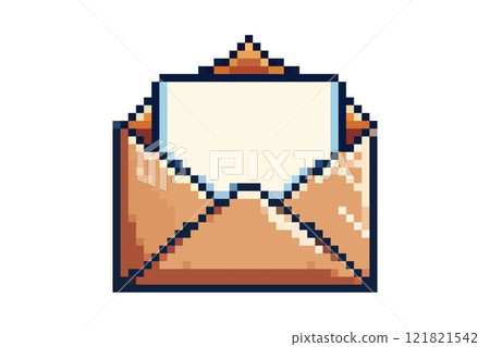 Pixel art of an open envelope with a letter inside in a retro video game style perfect for Valentine's Day or romantic messages 121821542