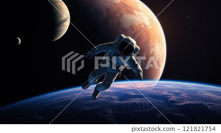 Iridescent colors in contrasting chiaroscuro light an astronaut floats in space. 121821754