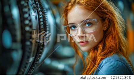 Young female aircraft engineer with red hair, standing near detailed mechanical aircraft parts in an industrial setting 121821808
