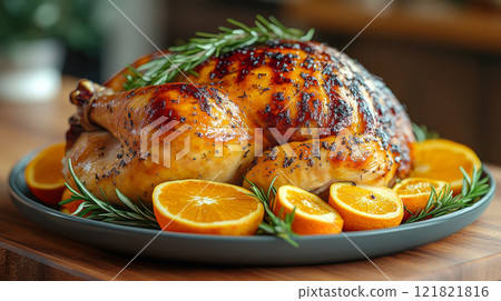 A beautifully roasted turkey garnished with fresh rosemary and orange slices, served on a plate, perfect for holiday celebrations and food themes A beautifully roasted turkey garnished with fresh rosemary and orange slices, served on a plate, perfect for holiday celebrations and food themes 121821816