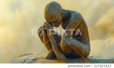 Intricately carved wooden figure in a seated position with hands clasped, evoking emotions of introspection and solitude 121821822