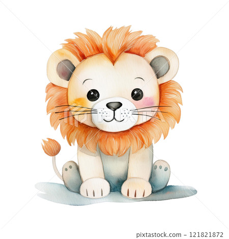 Watercolor cute lion cub with fluffy orange mane, isolated on white background. 121821872