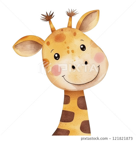 Watercolor cute giraffe with smiling face and soft spots, isolated on white background. 121821873