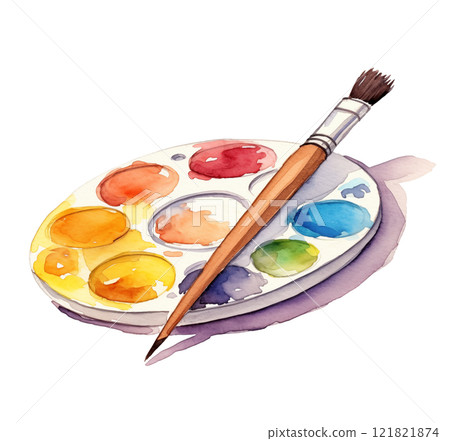 Watercolor artist's palette with paints and brush, isolated on white background. 121821874