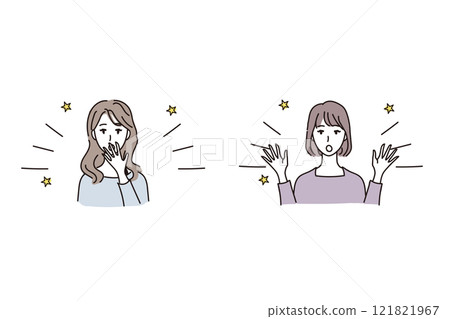 Illustration of a surprised woman with her hands outstretched 121821967