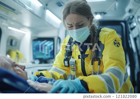 Paramedic providing emergency care inside an ambulance 121822080