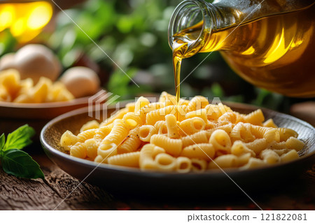 Pouring olive oil over cooked pasta 121822081