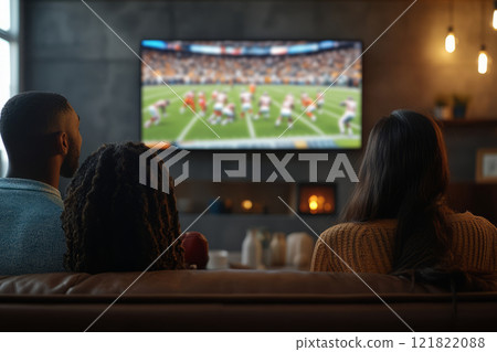 Group of friends enjoying a sports game on TV at a bar 121822088