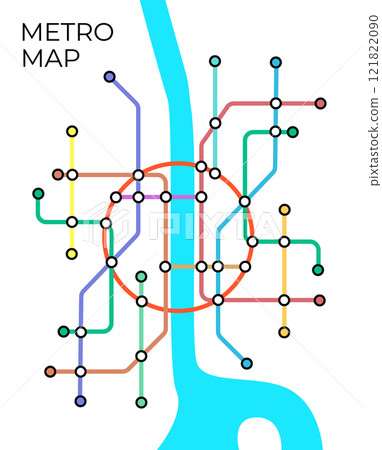 Metro stations and plan of subway with. Fictional metro map of underground. Layout of public passenger transport. Vector Metro stations and plan of subway with. Fictional metro map of underground. Layout of public passenger transport. Vector 121822090