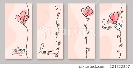 Happy Valentines Day cards hearts. Continuous one line drawing shape, 121822297