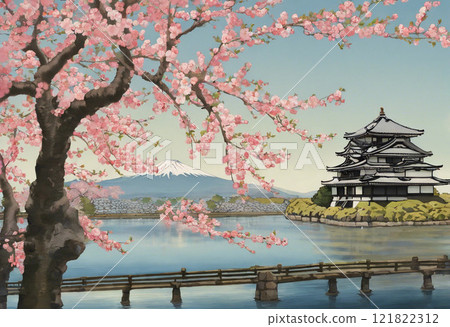 春天櫻花盛開的城堡風景 121822312