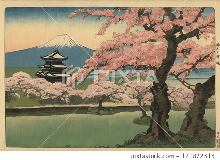 春天櫻花盛開的城堡風景 121822313