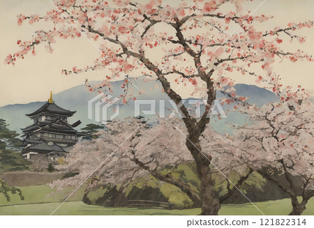 春天櫻花盛開的城堡風景 121822314