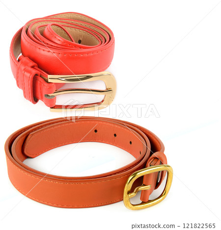 Set of Women's leather waist red belts with metal buckles isolated on white. Collage. Set of Women's leather waist red belts with metal buckles isolated on white. Collage. 121822565