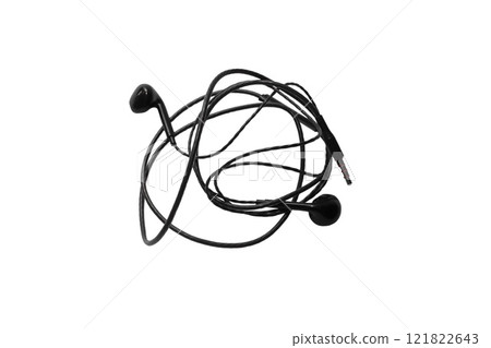 Black wired headphones isolated on white background. Modern gadgets for communication Black wired headphones isolated on white background. Modern gadgets for communication 121822643