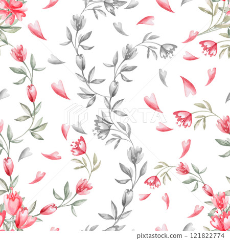Seamless pattern of petals and flowers on a white background. Watercolor illustration on the theme of St. Valentine's Day for decorating cafes, printing on postcards, fabric, packaging 121822774
