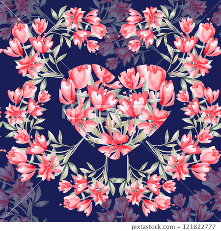 Seamless pattern with a heart of flowers and flowers on a blue background. Watercolor illustration on the theme of St. Valentine's Day for decorating a cafe, printing on postcards, fabric, packaging. Seamless pattern with a heart of flowers and flowers on a blue background. Watercolor illustration on the theme of St. Valentine's Day for decorating a cafe, printing on postcards, fabric, packaging. 121822777